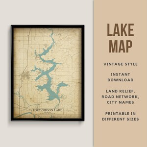 Mapa de estilo vintage de Fort Gibson Lake, Oklahoma, EE. UU. con nombres de ciudades - Descarga instantánea \ Mapa del lago \ Arte de la pared \ Arte rústico \ Mapa imprimible