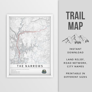 Mapa imprimível de The Narrows Trail, Utah, EUA - Download instantâneo \ Mapa da trilha \ Presente para caminhada \ Pôster externo \ Impressão de mapa \ Zion \ Arte de parede