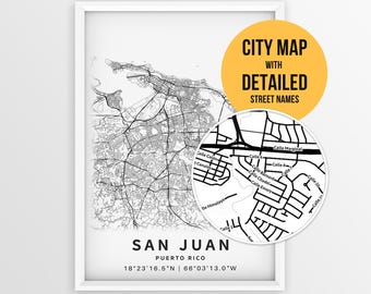 San Juan Puerto Rico Map with Street Names, Printable San Juan City Poster (Instant Download)
