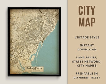 Printable Vintage Style Map of Barcelona, Spain - Instant Download \ Street Map \ Map Poster \ Antique Style \ Map Print \ Spain Gift