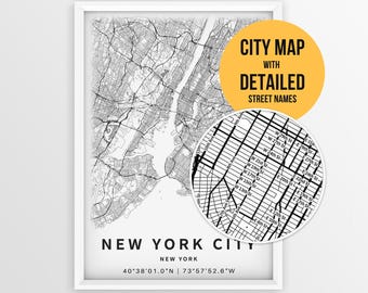 New York City Map with Street Names, Printable New York City Poster (Instant Download)