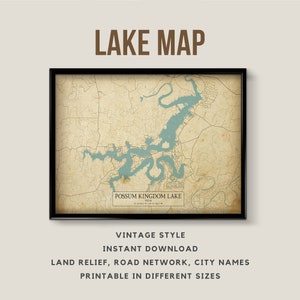 Mappa stampabile in stile vintage di Possum Kingdom Lake, Texas, USA - Download istantaneo \ Mappa del lago \ Wall Art \ Poster della mappa \ Lake House Decor