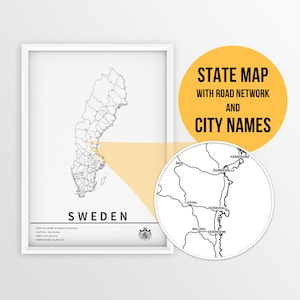 Mapa da Suécia para impressão com nomes de cidades e estradas - Download instantâneo \ Mapa do país \ Arte do mapa \ Impressão do mapa \ Planejador de viagens \ Pôster da Suécia
