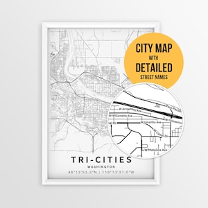 Mappa delle Tri-Cities di Washington con i nomi delle strade, poster stampabile delle Tri-Cities di Washington (download immediato)