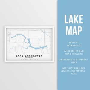 Mapa imprimible del lago Sakakawea, Dakota del Norte, EE. UU. - Descarga instantánea \ Mapa del lago \ Cartel del mapa \ Decoración de la casa del lago \ Pesca \ Paseos en bote