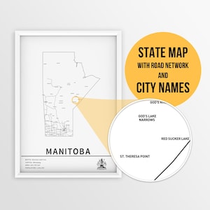 Druckbare Karte der Provinz Manitoba, Kanada mit Städtenamen - zum sofortigen Download