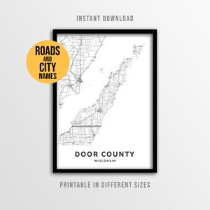 Door County Wisconsin Map Poster, Printable USA Road Map with City Names (Instant Download)