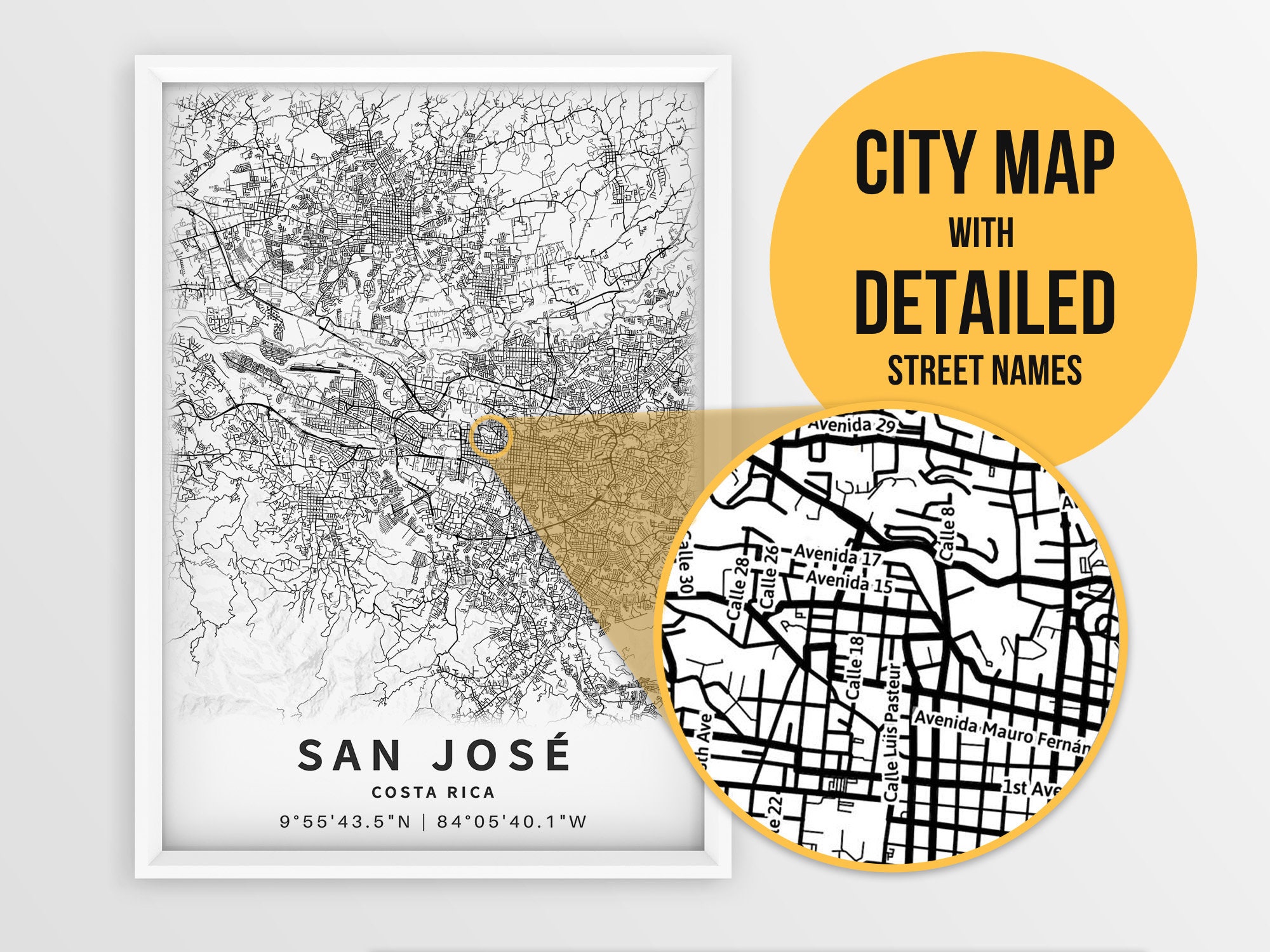 Printable Map of San José Costa Rica With Street Names - Etsy