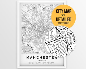 Manchester England Map with Street Names, Printable Manchester UK City Poster (Instant Download)
