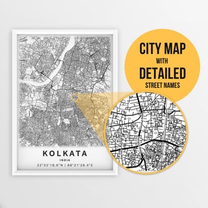 Druckbare Karte von Kalkutta, West Bengal, Indien mit Straßennamen - Sofort Download \ City Map \ Travel Gift \ City Poster \ Road Map Print