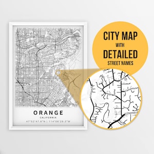 Printable Map of Orange, California, USA with Street Names - Instant Download \ City Map \ Travel Gift \ City Poster \ Road Map Print