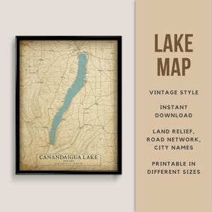 Mapa de estilo vintage del lago Canandaigua, Nueva York, EE. UU., con nombres de ciudades - Descarga instantánea \ Mapa del lago \ Arte mural \ Mapa rústico \ Póster de mapas