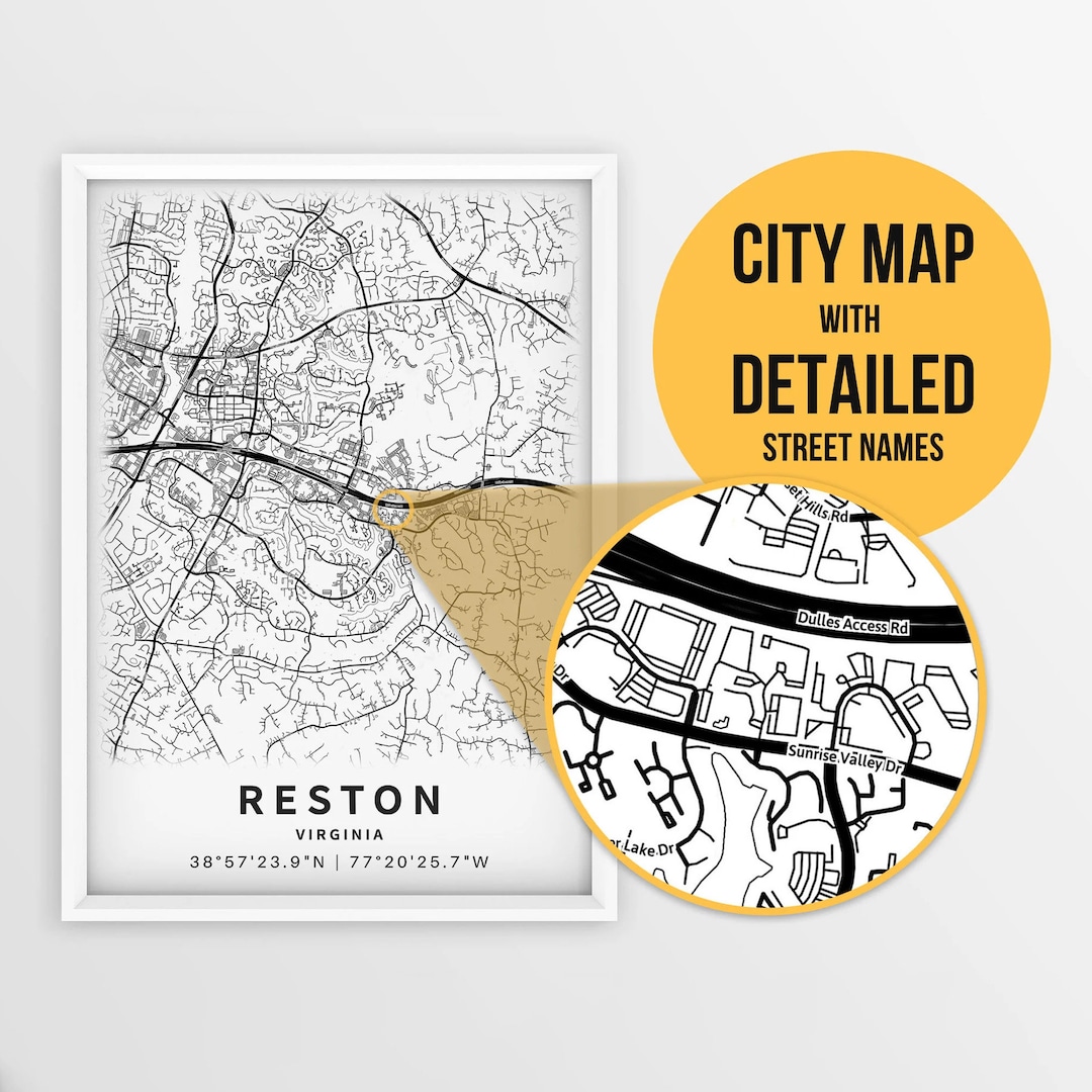 Printable Map of Reston, Virginia, USA With Street Names Instant