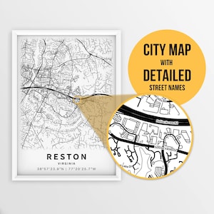 Printable Map of Reston, Virginia, USA with Street Names - Instant Download \ City Map \ Travel Gift \ City Poster \ Road Map Print