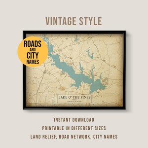 Lake O' the Pines Vintage Style Map, Printable Texas Lake House Poster (Instant Download)