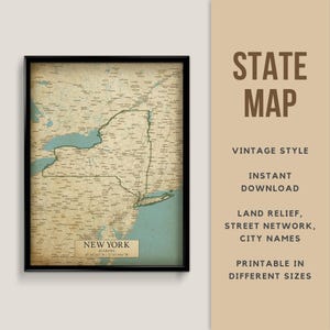 New York, USA Karte Poster im Vintage Stil - Sofort Download, Straßenkarte, New York Poster, antiker Stil, Buffalo, Rochester, Siracuse