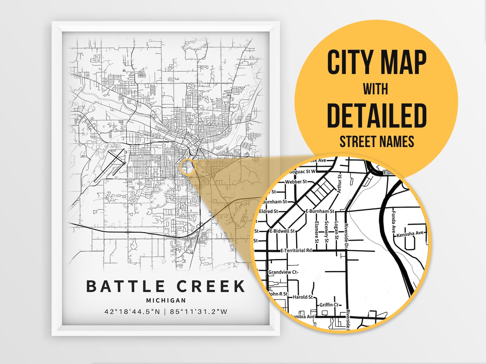 Printable Map of Battle Creek MI With Street Names Michigan Etsy