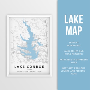 Mapa imprimible del lago Conroe, Texas - Descarga instantánea \ Mapa del lago \ Arte de la pared \ Cartel del mapa \ Decoración de la casa del lago \ LakeLife \ Pesca \ Paseos en bote