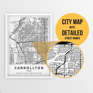 Druckbare Karte von Carrollton, Texas, USA mit Straßennamen - Sofort Download \ City Map \ Travel Gift \ City Poster \ Road Map Print