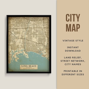 Carte de style vintage de Long Beach, Californie, États-Unis - téléchargement immédiat \ plan des rues \ art mural \ affiche de carte \ style antique \ impression de carte