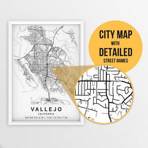 Druckbare Karte von Vallejo, Kalifornien, USA mit Straßennamen - Sofort Download \ City Map \ Travel Gift \ City Poster \ Road Map Print