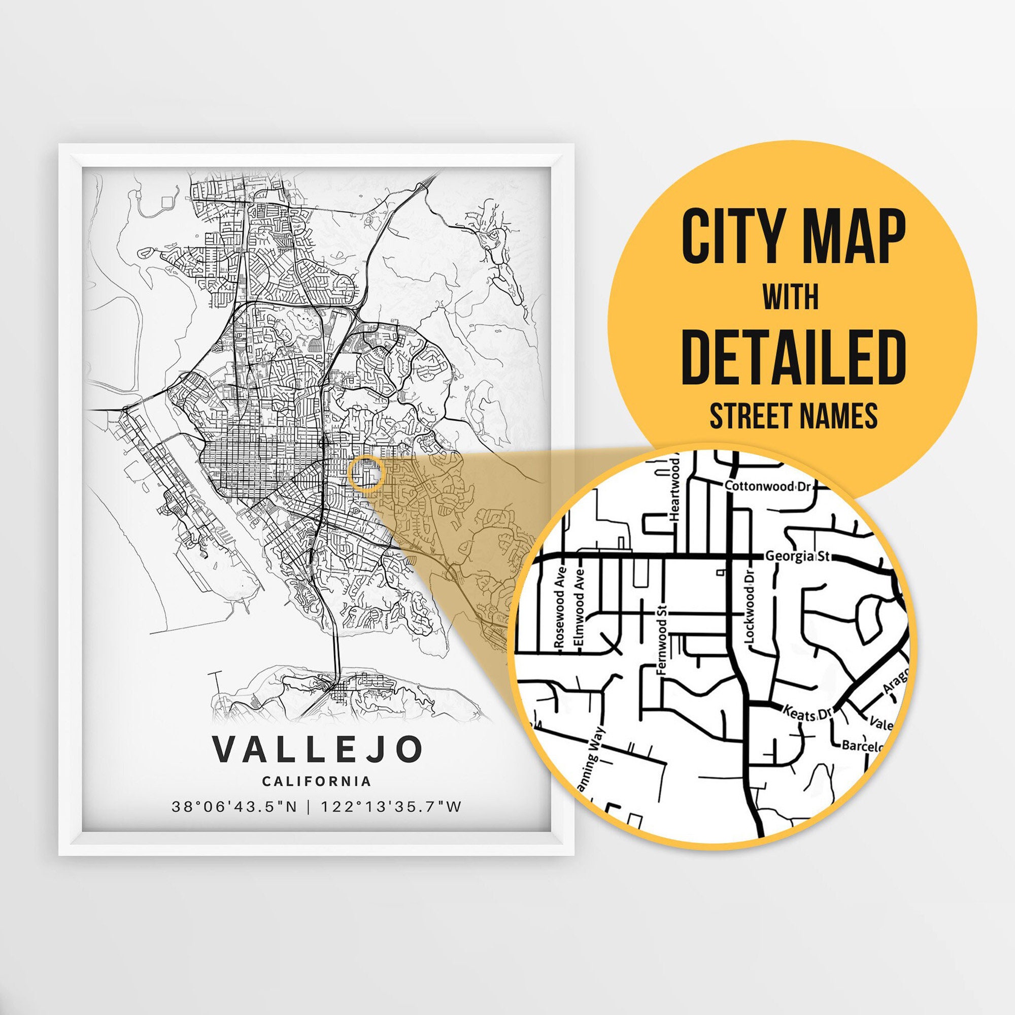 Printable Map of Vallejo, California, USA With Street Names Instant