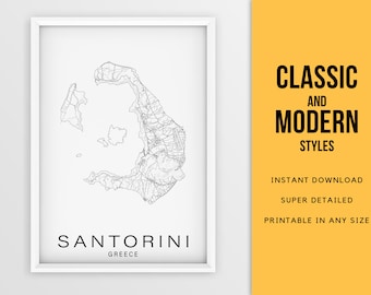 Santorini Greece map print, Σαντορίνη Thera city map - Instant Download \ Street Map \ Wall Art \ Printable Poster