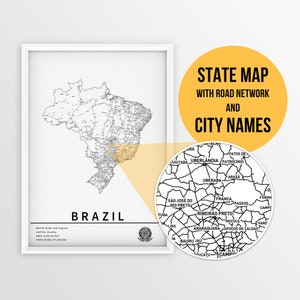 Printable Map of Brazil with city names and roads - Instant Download \ Country Map \ Map Art \ Travel Planner \ Pushpin map \ Map Print