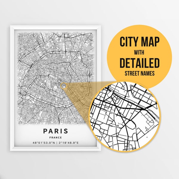 Printable Map of Paris, France with Street Names - Instant Download \ City Map \ Travel Gift \ City Poster \ Road Map Print \ Wall Art