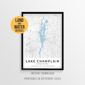 Lake Champlain Map Poster, Printable Vermont Lake House Decor (Instant Download)