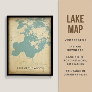 Mapa de estilo vintage imprimible de Lake of the Woods, Minnesota, EE. UU. con nombres de ciudades - Descarga instantánea \ Rústico \ Estilo antiguo \ Póster de mapa