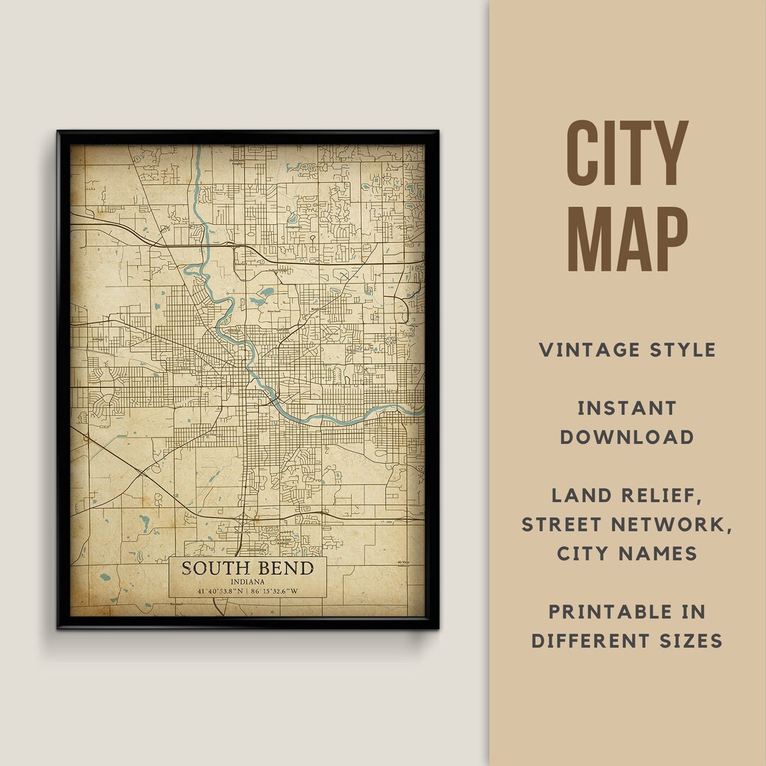 Printable Vintage Style Map of South Bend, Indiana, USA Instant ...