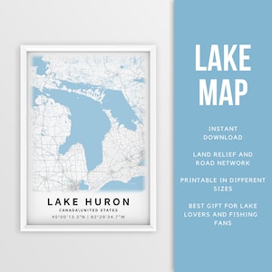 Mapa imprimible del lago Hurón Canadá, EE. UU. - Descarga instantánea \ Mapa del lago \ Arte de la pared \ Cartel del mapa \ Decoración de la casa del lago \ LakeLife \ Pesca \ Navegación