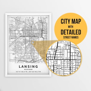 Printable Map of Lansing, Michigan, USA with Street Names - Instant Download \ City Map \ Travel Gift \ City Poster \ Road Map Print