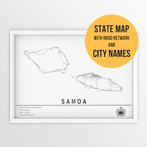 Carte imprimable des Samoa avec les noms des villes et des routes - téléchargement immédiat \ carte du pays \ impression de carte \ carte à épingles \ planificateur de voyage \ art mural