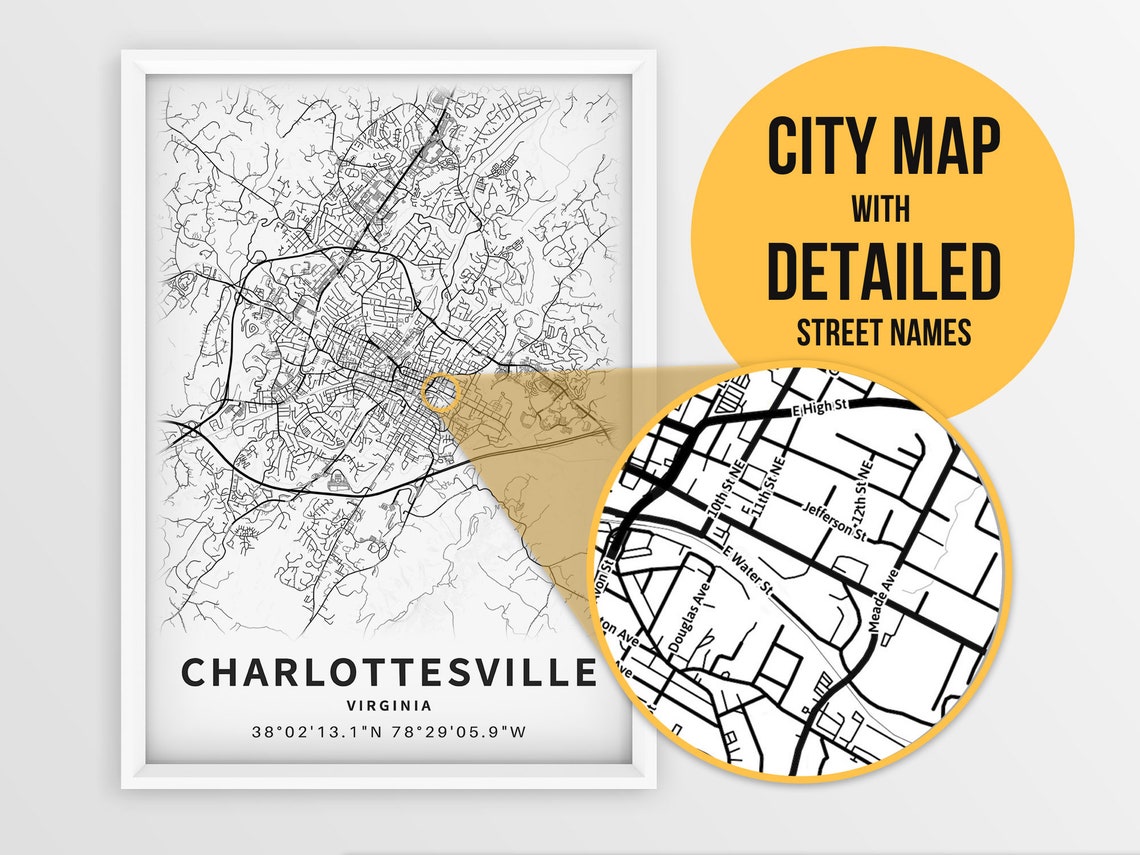 Printable Map of Charlottesville VA Virginia United States Etsy