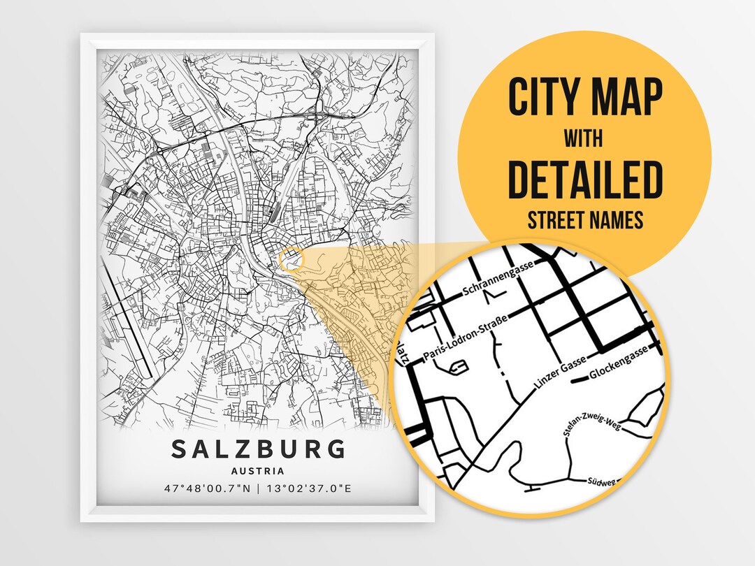 Printable Poster Map of Salzburg Austria With Street Names - Etsy