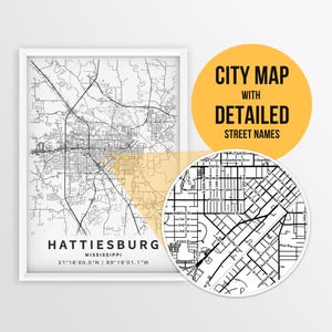 Druckbare Karte Hattiesburg, Mississippi, USA mit Straßennamen - Instant Download ~ Karte ~ ~ Stadtplan ~ Strasskarte
