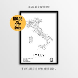 Italy Map Poster with City Names, Italia Printable Country Road Map Decor (Instant Download)