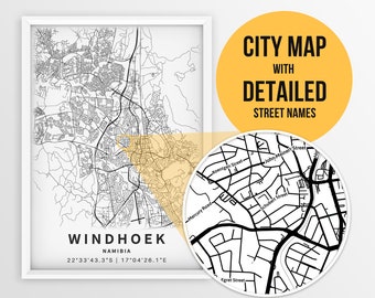 Printable Map of Windhoek, Namibia with Street Names - Instant Download \ City Map \ Travel Gift \ City Poster \ Road Map Print \ Wall Art