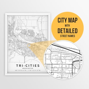 Afdrukbare kaart van Tri-Cities, Washington (VS) met straatnamen - Instant Download \ Stadsplan \ Stadsposter \ Kennewick, Pasco en Richland