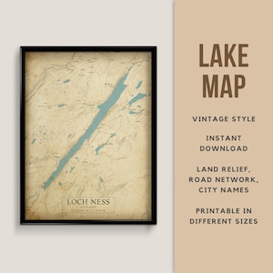 Carte de style vintage imprimable du Loch Ness, en Écosse, au Royaume-Uni avec des noms de ville - téléchargement immédiat \ carte rustique \ style ancien \ Lake House \ art mural