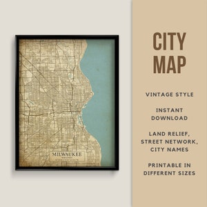 Mapa de estilo vintage imprimible de Milwaukee, Wisconsin, EE. UU. - Descarga instantánea \ Mapa de calles \ Arte de la pared \ Cartel del mapa \ Estilo antiguo \ Impresión de mapas