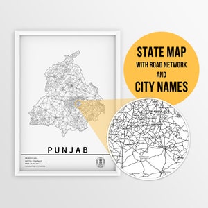 Punjab, Indien Karte mit Städtenamen und Straßen