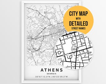 Mapa de Atenas, Georgia, con nombres de calles, póster imprimible de la ciudad de Atenas (descarga instantánea)