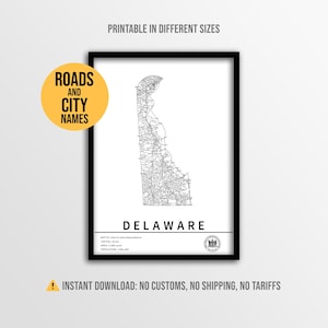 Delaware Map Poster, Printable USA State Road Map with City Names (Instant Download)