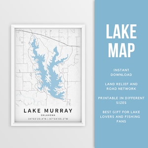 Mapa imprimible del lago Murray, Oklahoma, EE. UU. - Descarga instantánea \ Mapa del lago \ Cartel del mapa \ Decoración de la casa del lago \ LakeLife \ Pesca \ Paseos en bote