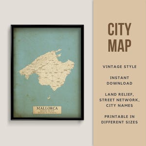 Vintage Stil Karte von Mallorca, Balearische Inseln, Spanien - Sofort Download Landkarte Landkarte Karte Poster Karte Drucken Karte Poster