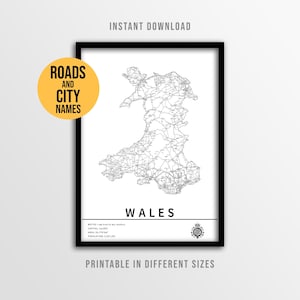 Wales Map Poster, Printable United Kingdom Road Map with City Names (Instant Download)