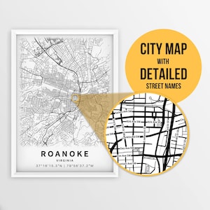 Carte imprimable de Roanoke, Virginie, États-Unis avec noms de rues - Téléchargement instantané \ Plan de la ville \ Cadeau de voyage \ Affiche de la ville \ Impression de carte routière